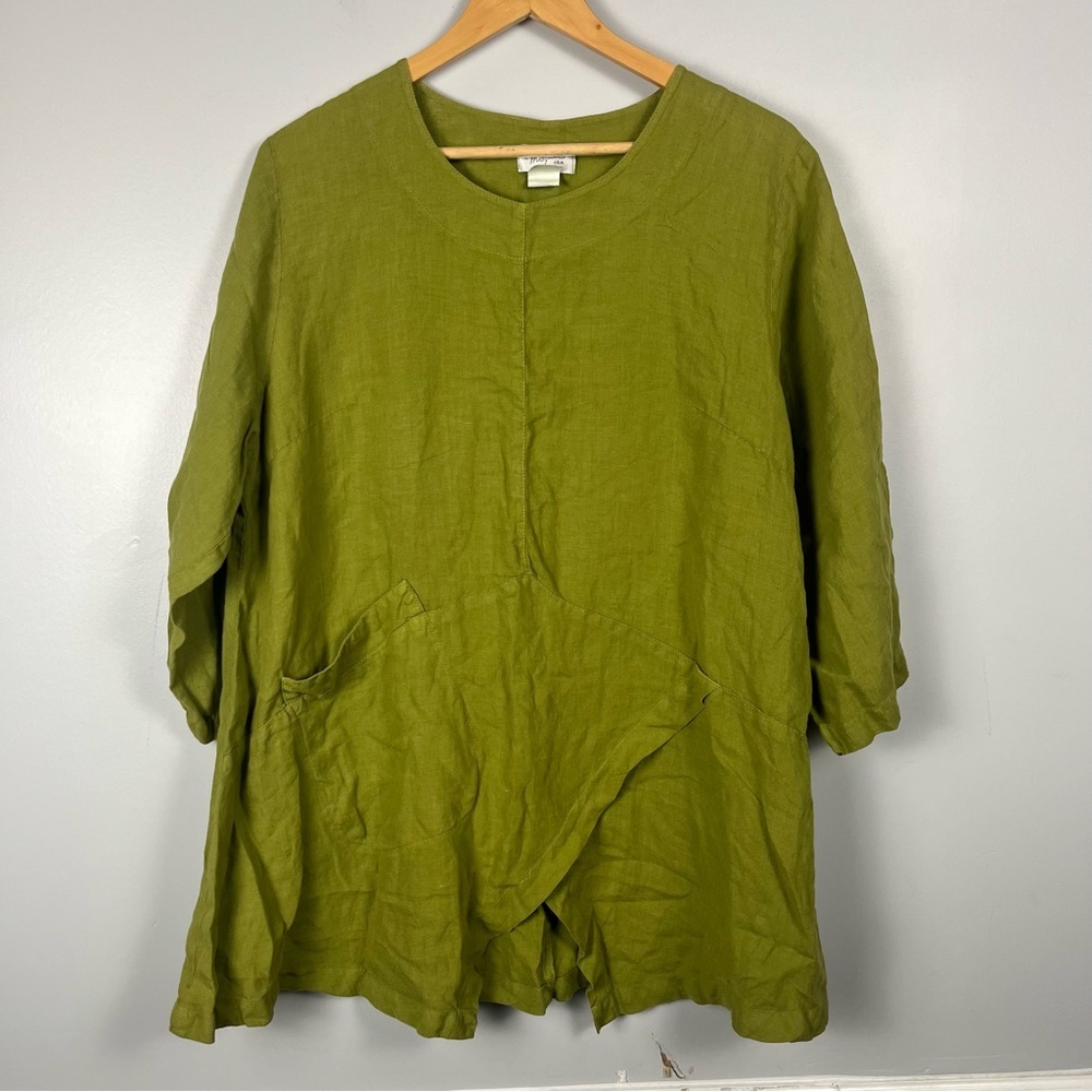 Mosaic USA green Lagenlook 100% linen green asymmetrical top size small